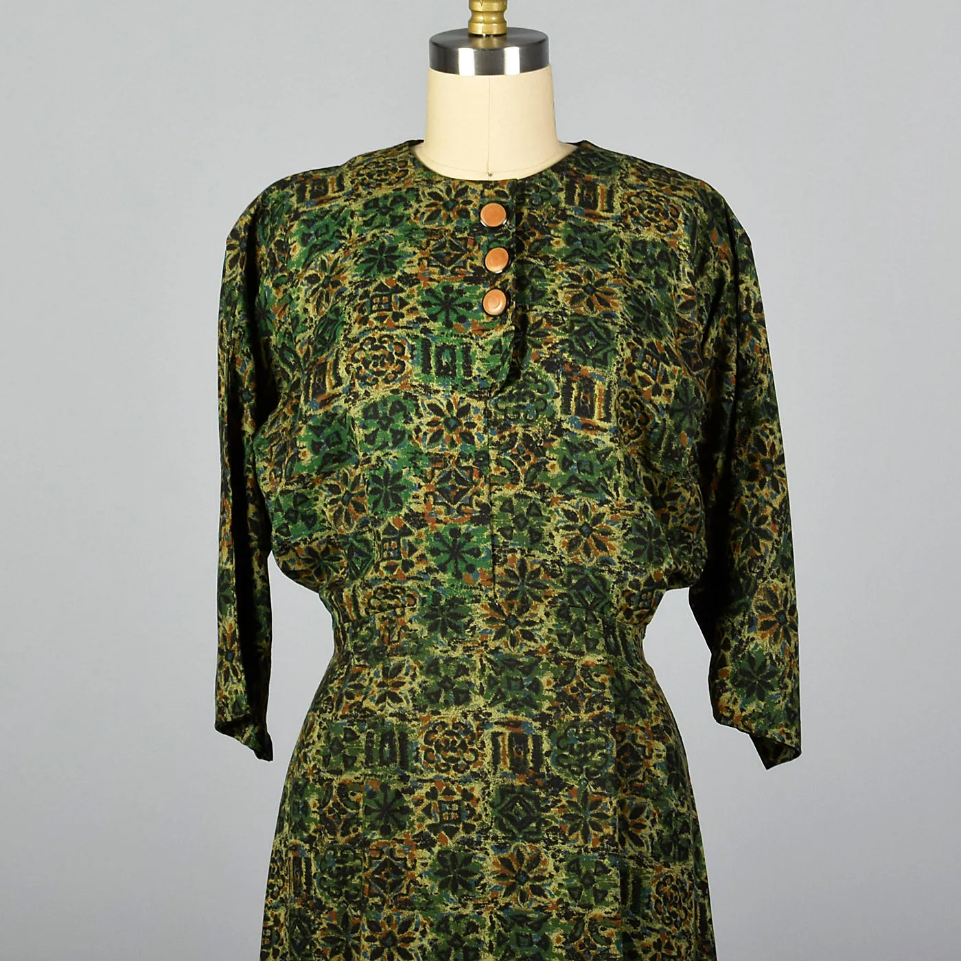 1950s Green Print Day Dress with Dolman Sleeves