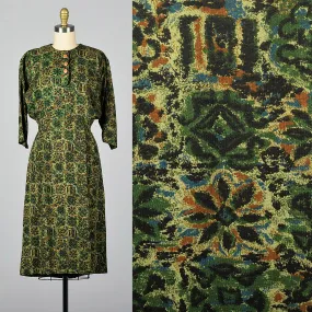 1950s Green Print Day Dress with Dolman Sleeves