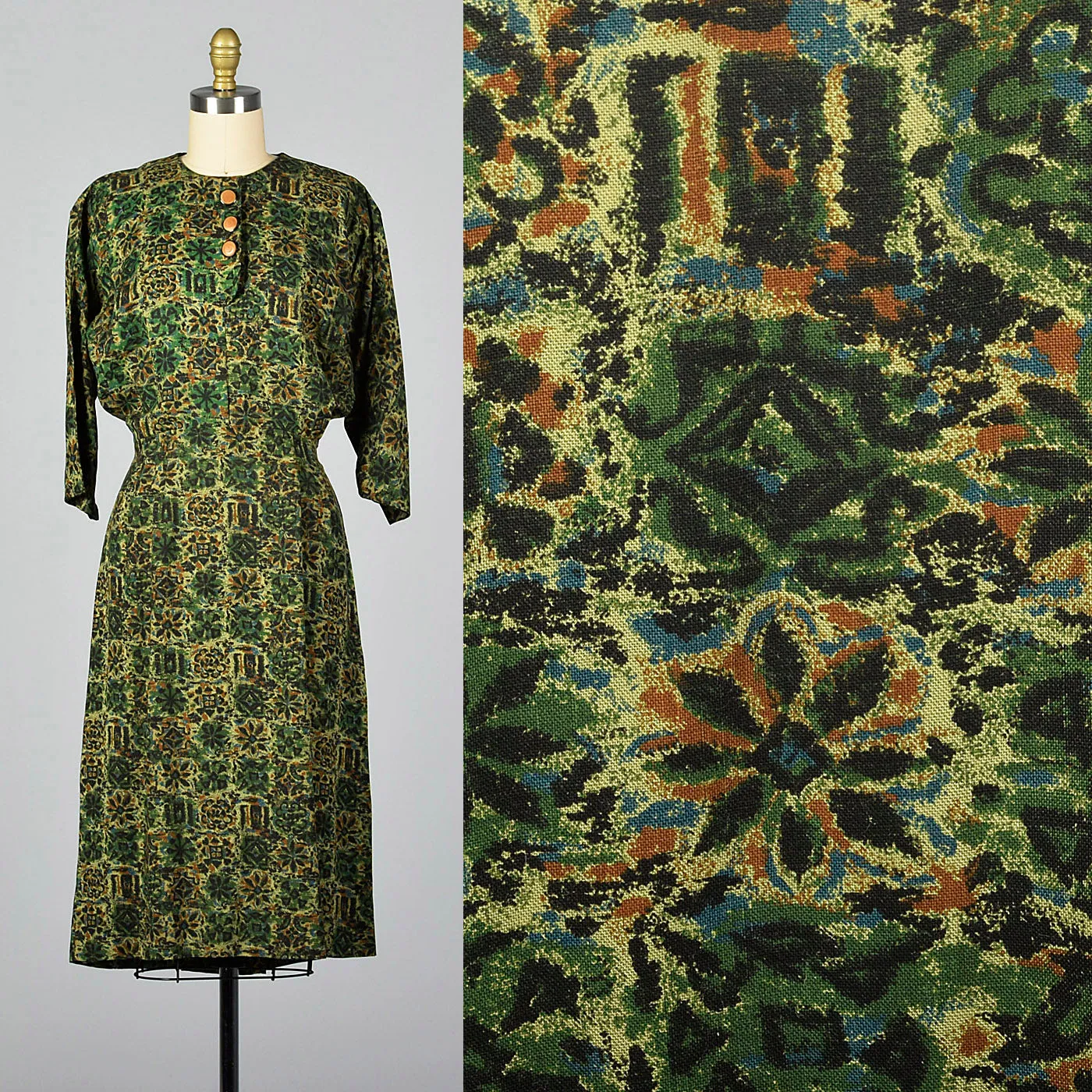 1950s Green Print Day Dress with Dolman Sleeves