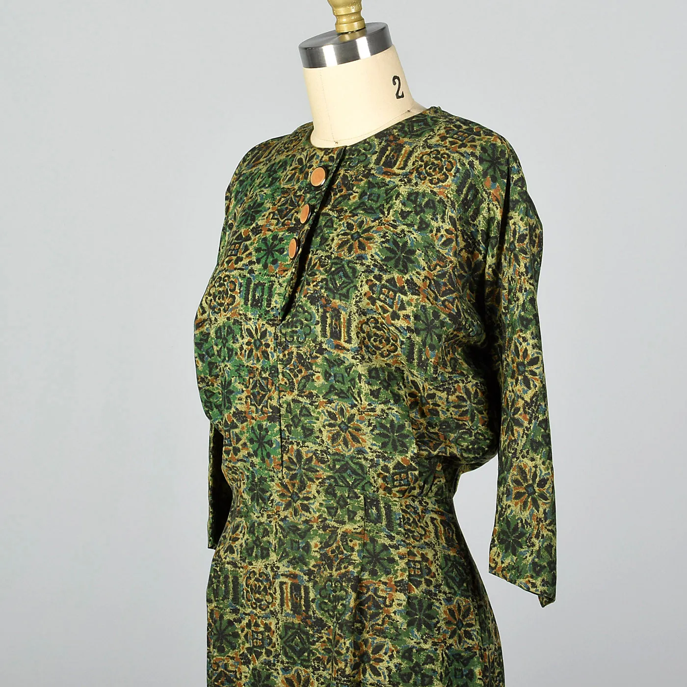 1950s Green Print Day Dress with Dolman Sleeves