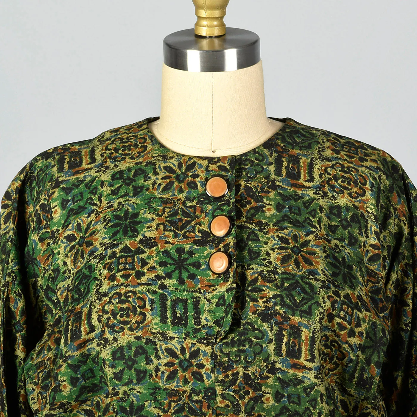 1950s Green Print Day Dress with Dolman Sleeves