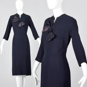 1950s Navy Blue Dress with Bow Detail