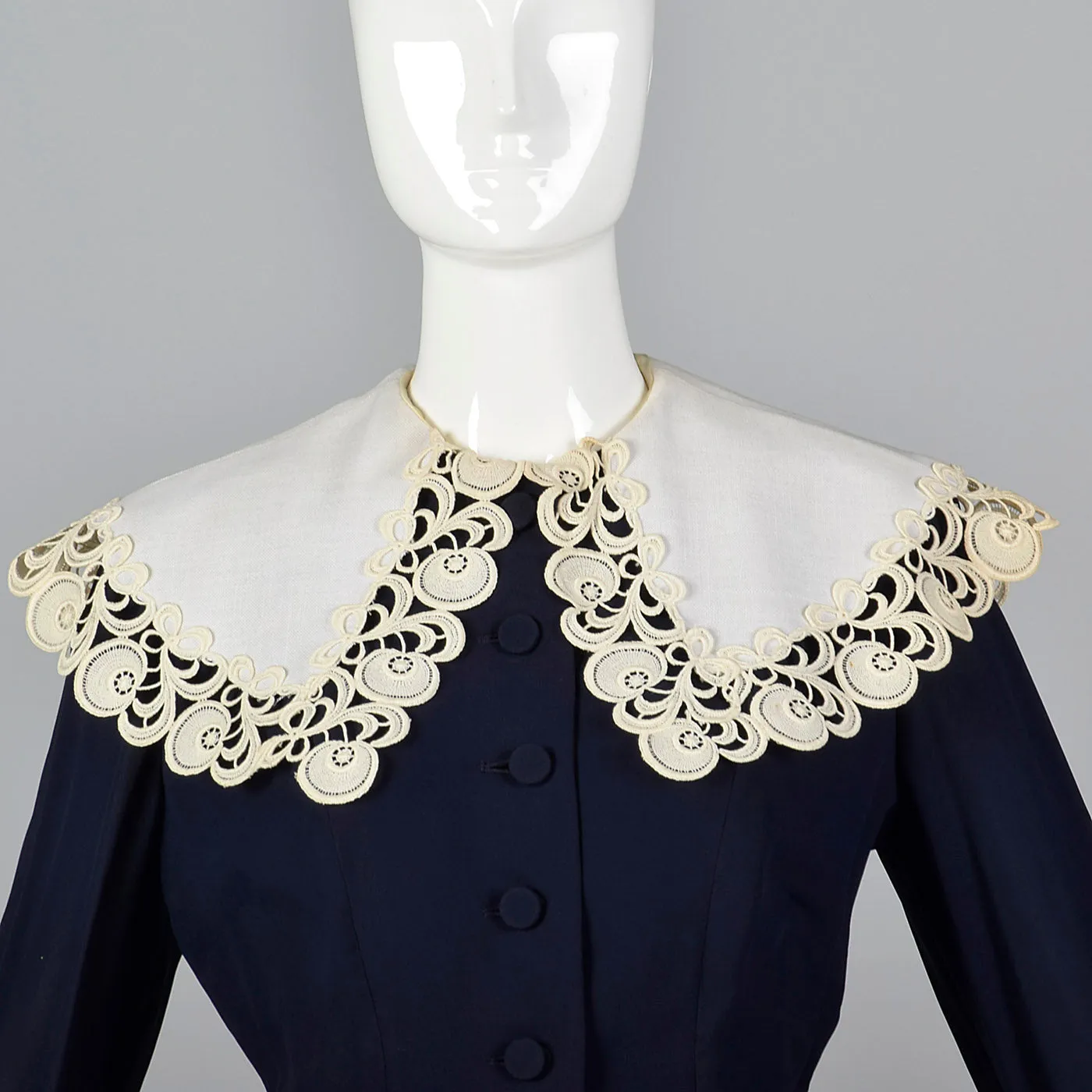 1950s Navy Blue Dress with Large Collar and Cuffs