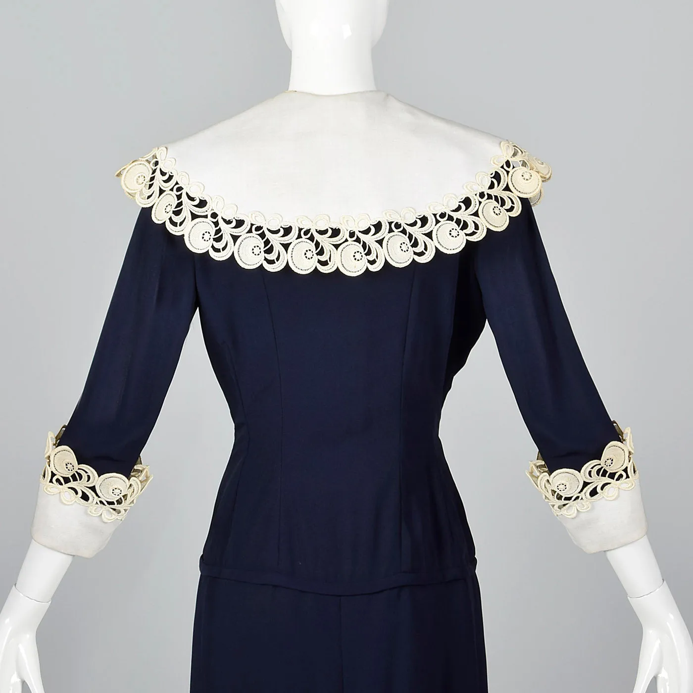 1950s Navy Blue Dress with Large Collar and Cuffs