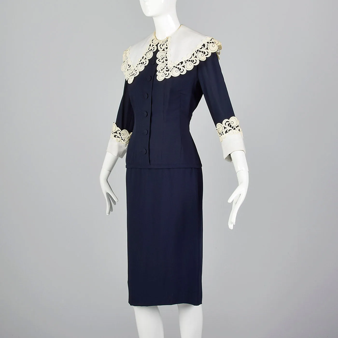1950s Navy Blue Dress with Large Collar and Cuffs