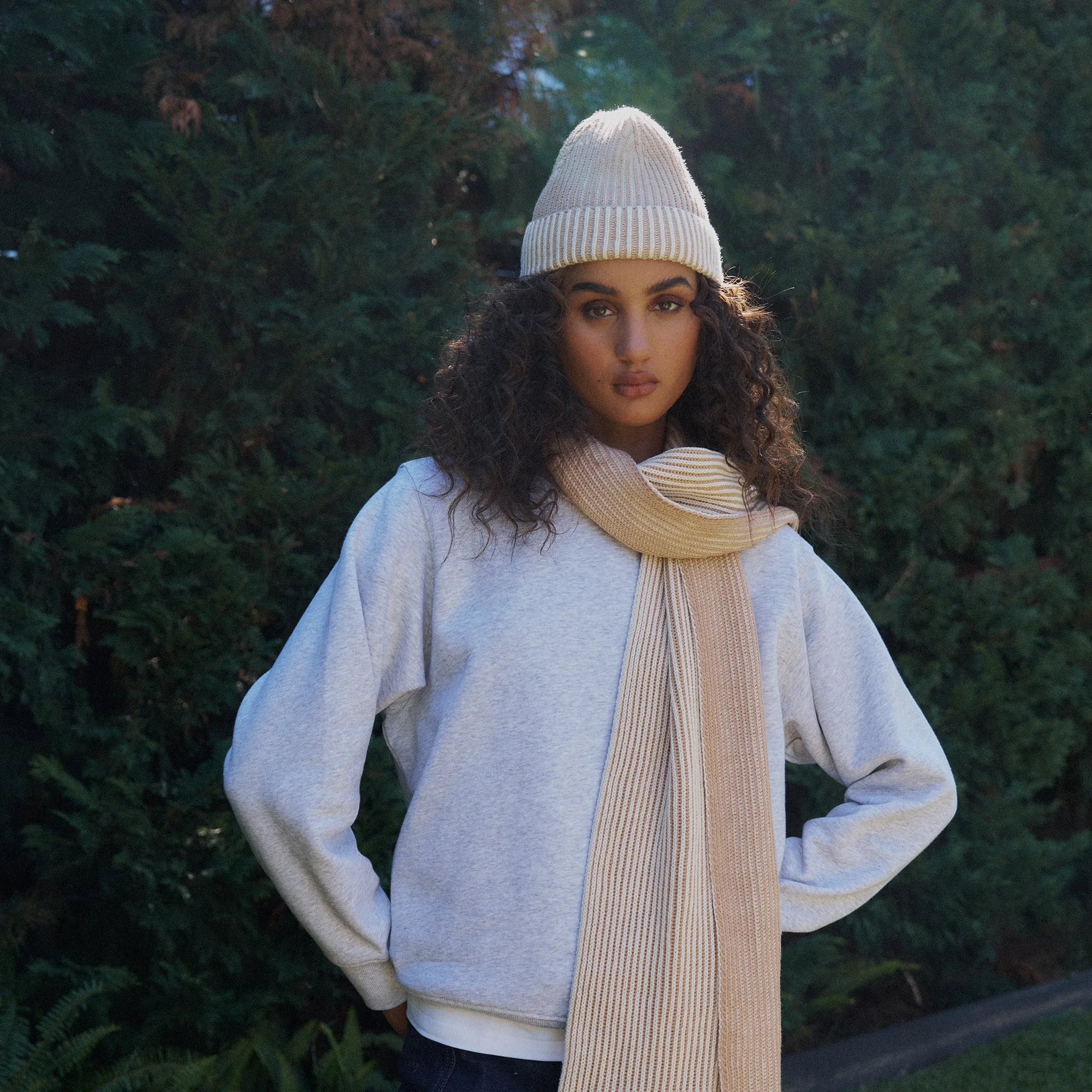 Arista Recycled-Polyester Ribbed Knit Scarf in Cream
