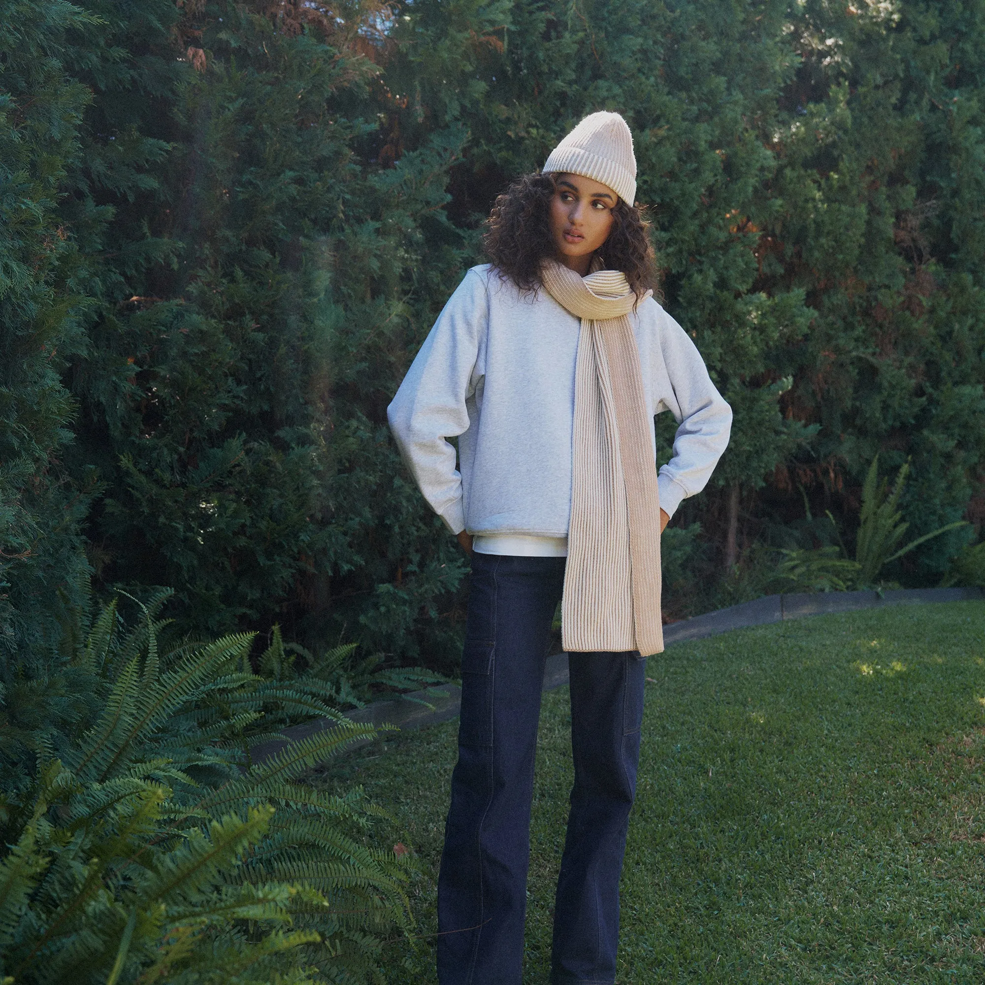 Arista Recycled-Polyester Ribbed Knit Scarf in Cream