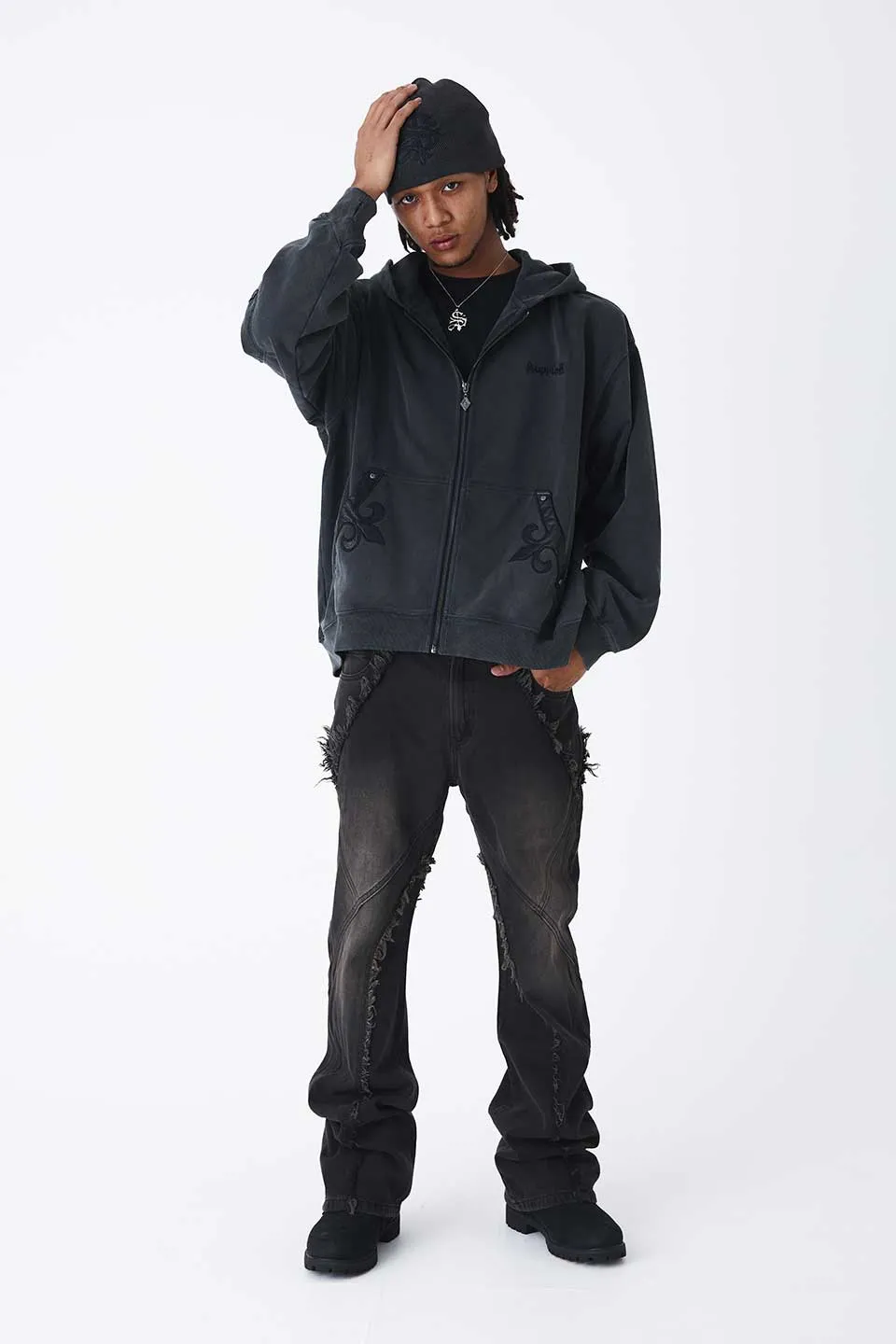 Fleur Leather Patch Zip Hoodie