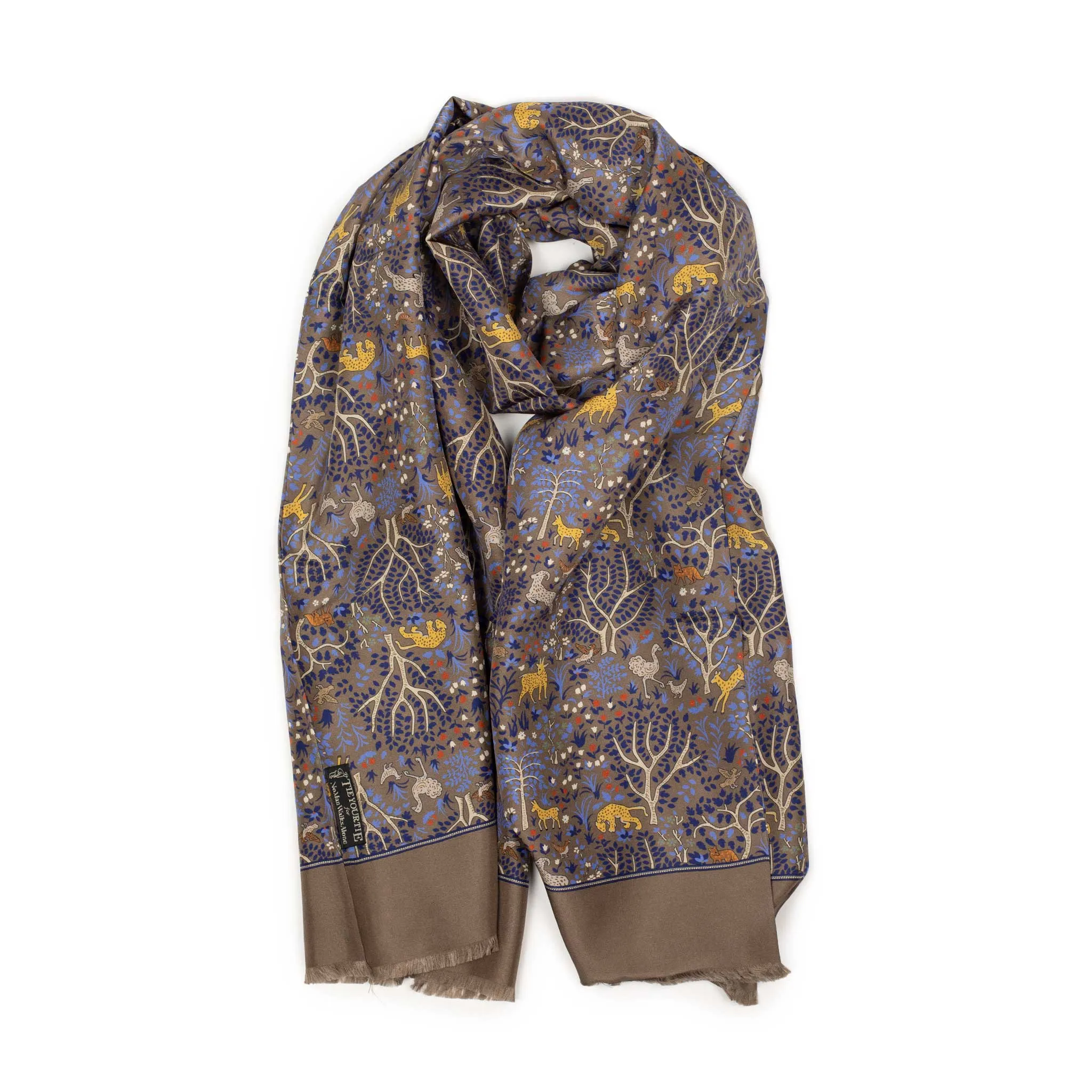 Hand-printed silk scarf, light brown with fauna and flora print