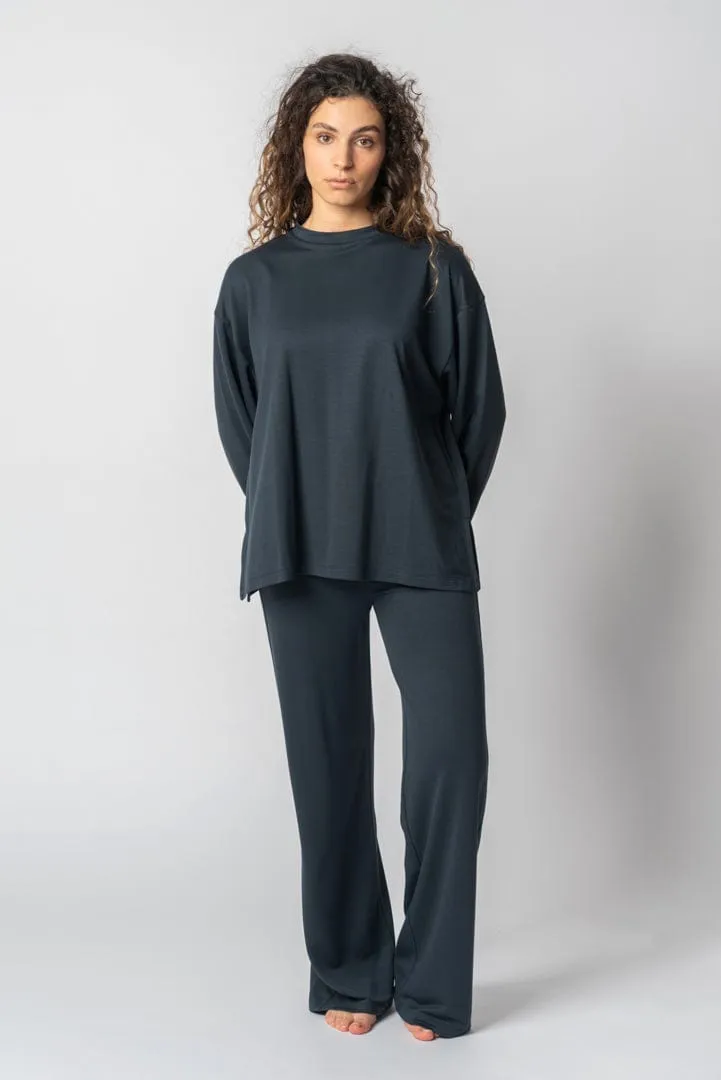 Lyocell Round-Neck Long-Sleeve Top | Navy