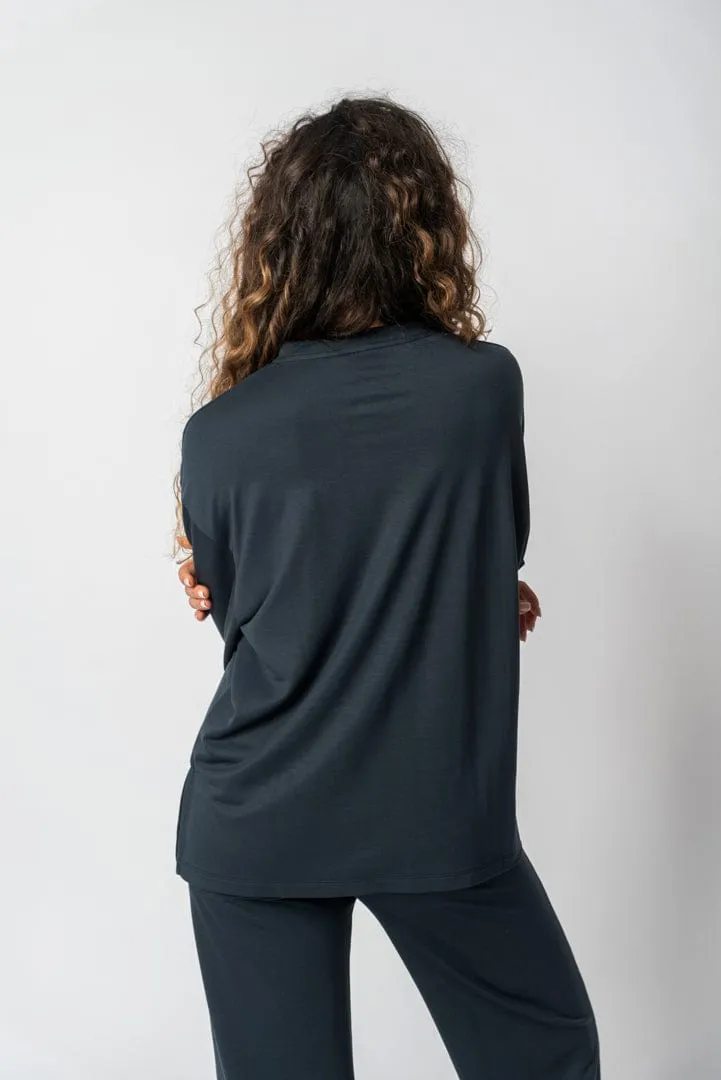 Lyocell Round-Neck Long-Sleeve Top | Navy