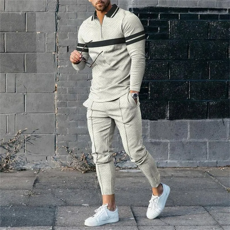 Men's Color-block Print Long-sleeved Polo Shirt Set 52702659L
