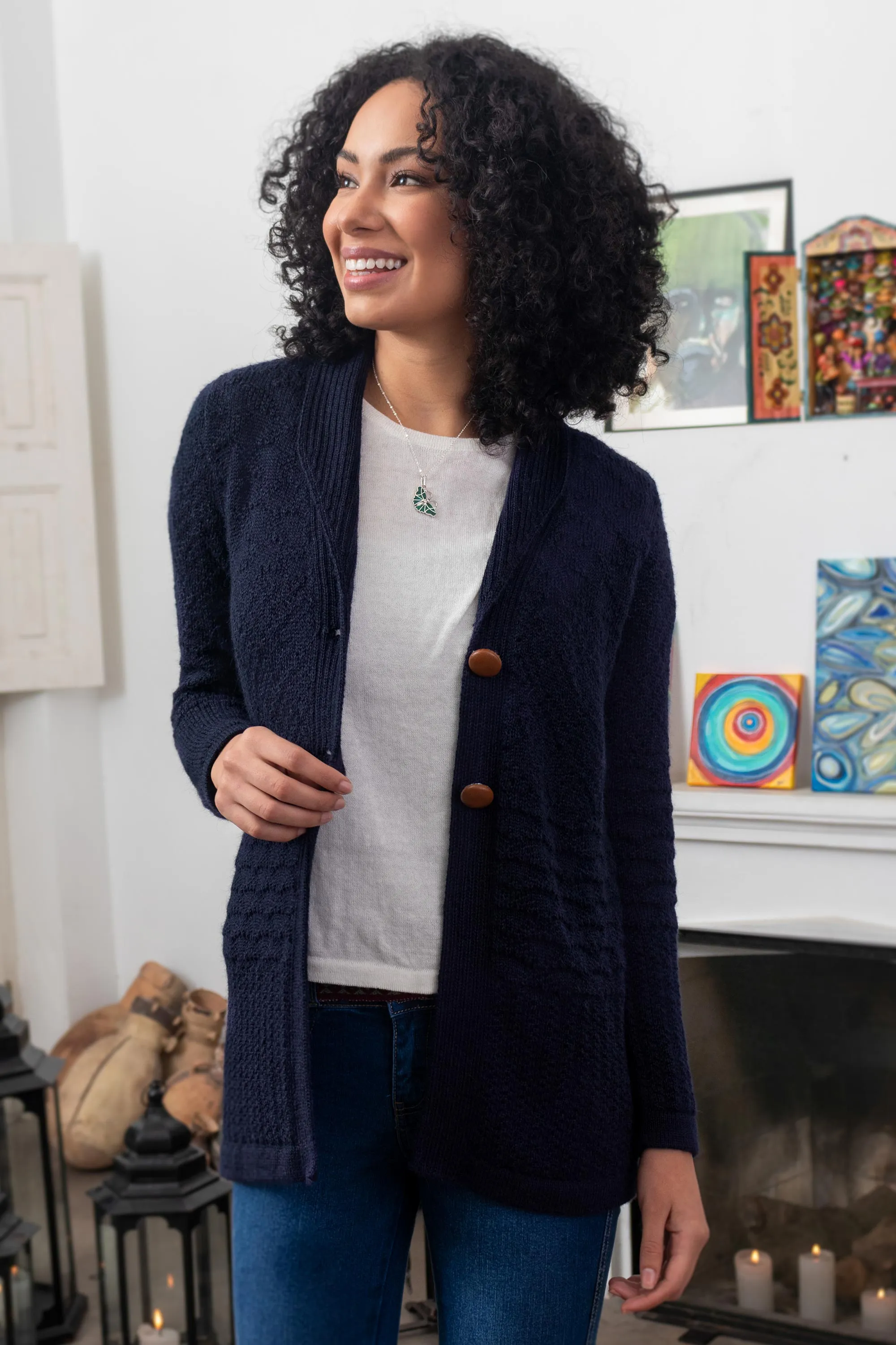 Navy Blue Alpaca Blend Button Down Cardigan Sweater - Textures in Blue | NOVICA