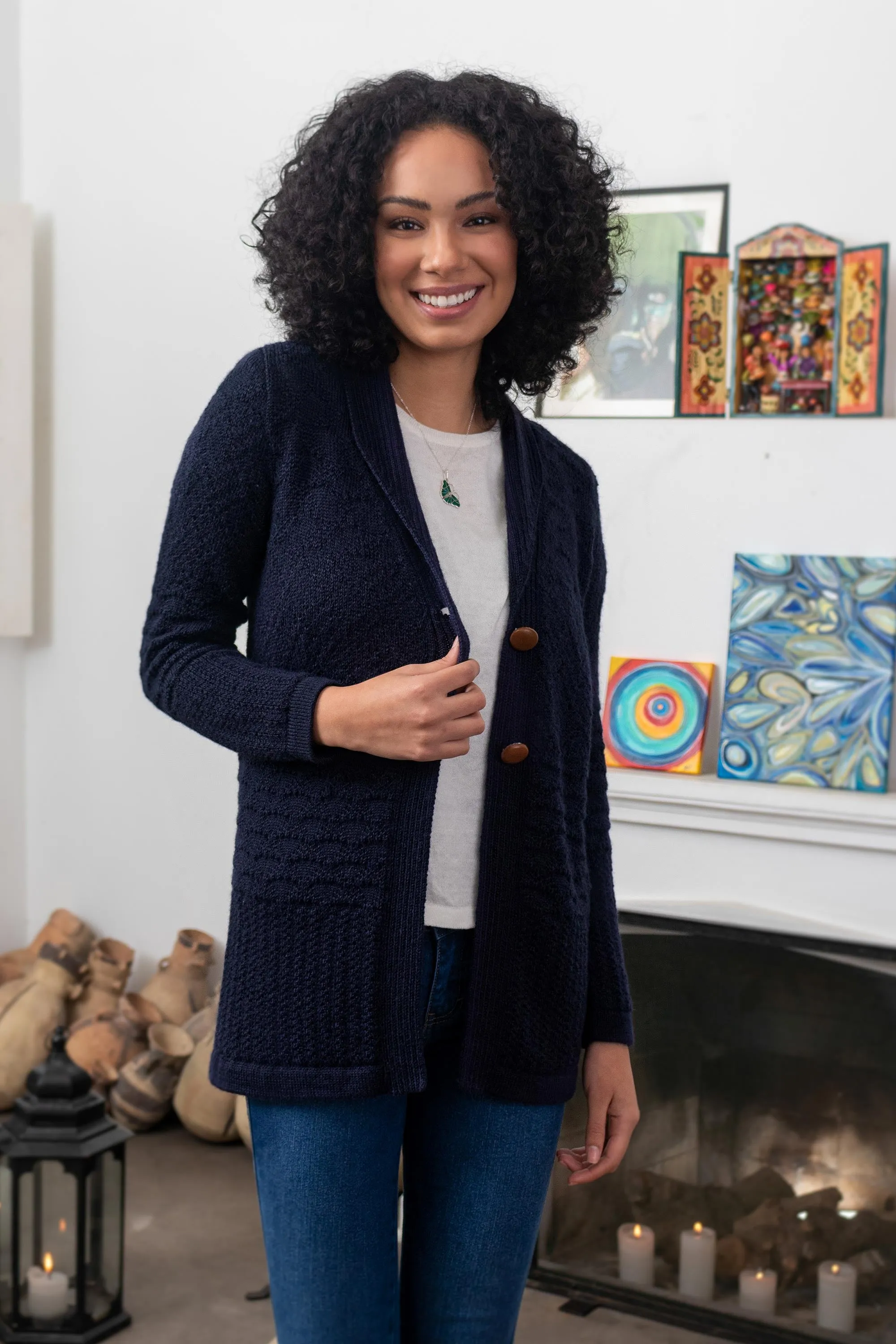 Navy Blue Alpaca Blend Button Down Cardigan Sweater - Textures in Blue | NOVICA